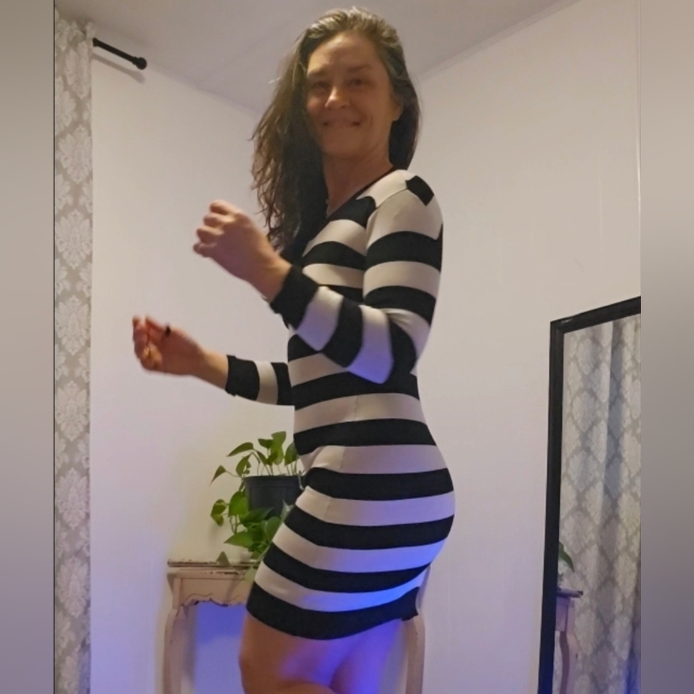 French Connection Black and Cream Striped Dress